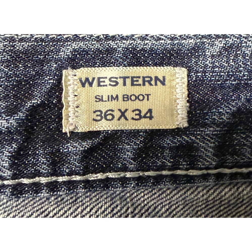 MEK Mens Jean 36x34 Western Slim Boot Raw Hem Distressed Dark Wash Embroidered - Picture 14 of 15